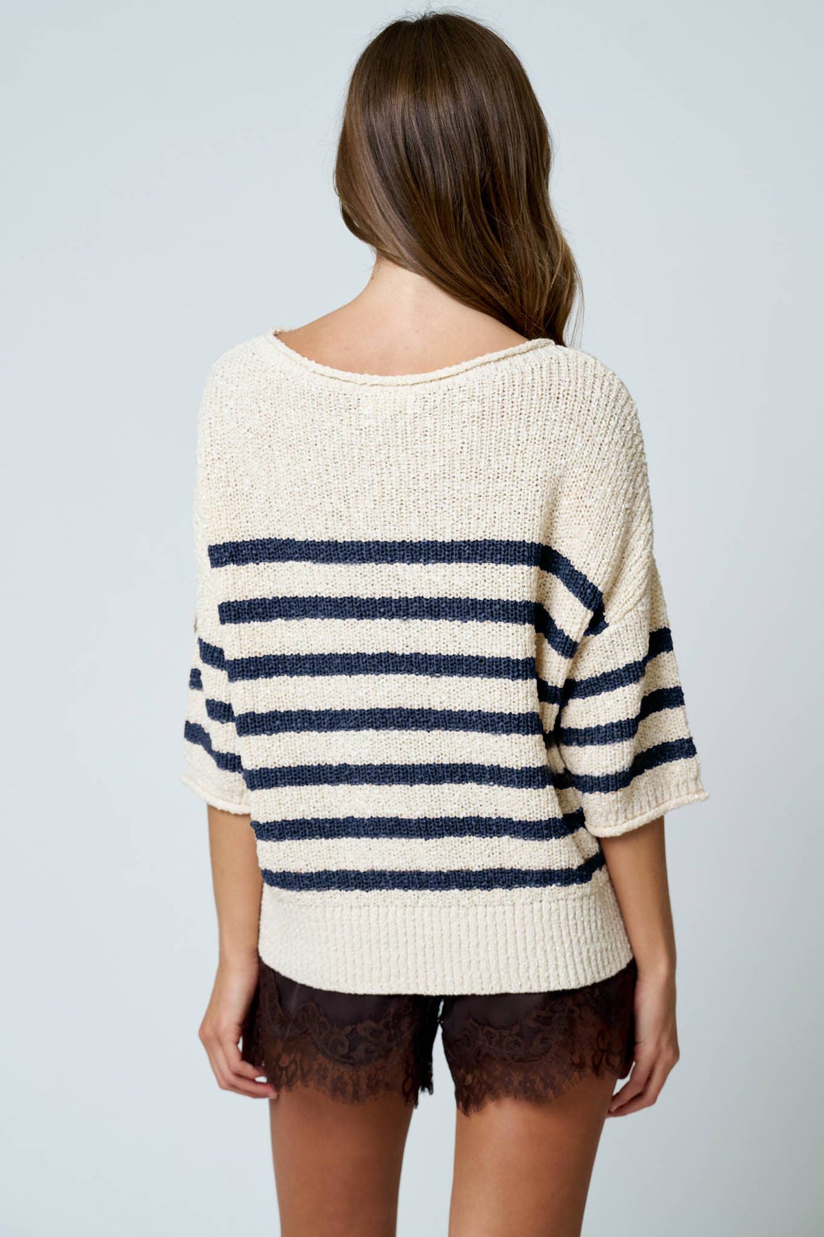 The Easy Stripe Short Sleeve Sweater: Navy