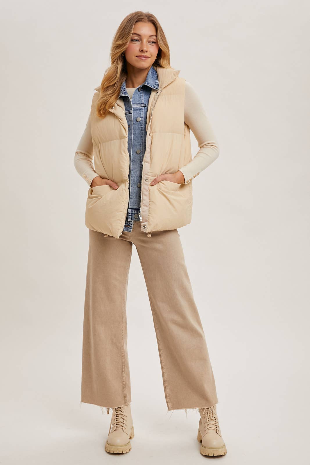 Riverton Layered Look Puffer Vest – Women’s Denim Trim Padded Vest, Fall Winter Zip-Up Outerwear