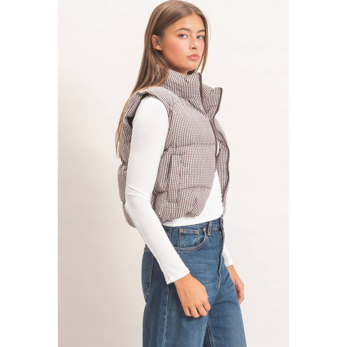 Check Me Out Gingham Puffer Vest: Brown