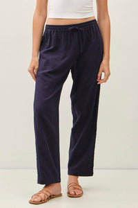 The Marielle Crochet Trim Linen Pants: Dark Indigo