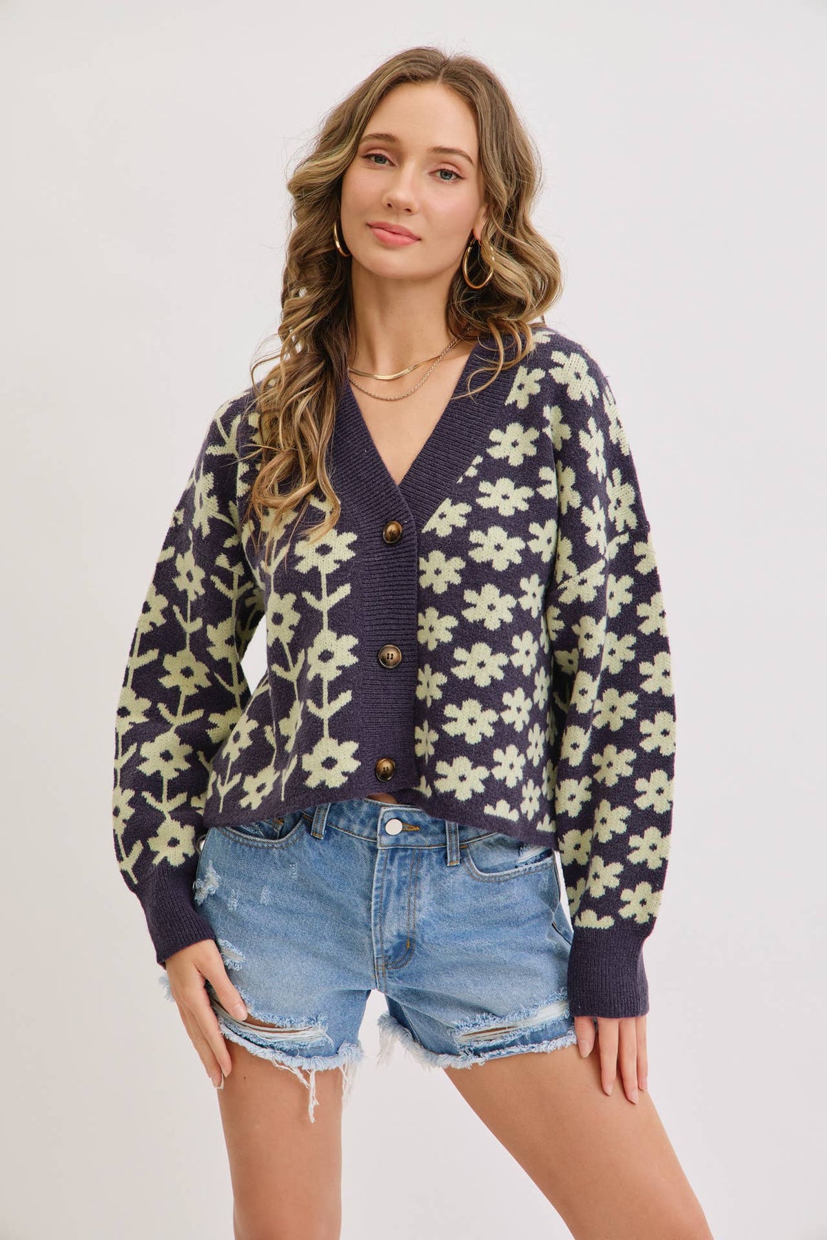 The Soleil Bold Floral Cardigan: Navy – Cropped V-Neck Boxy Sweater