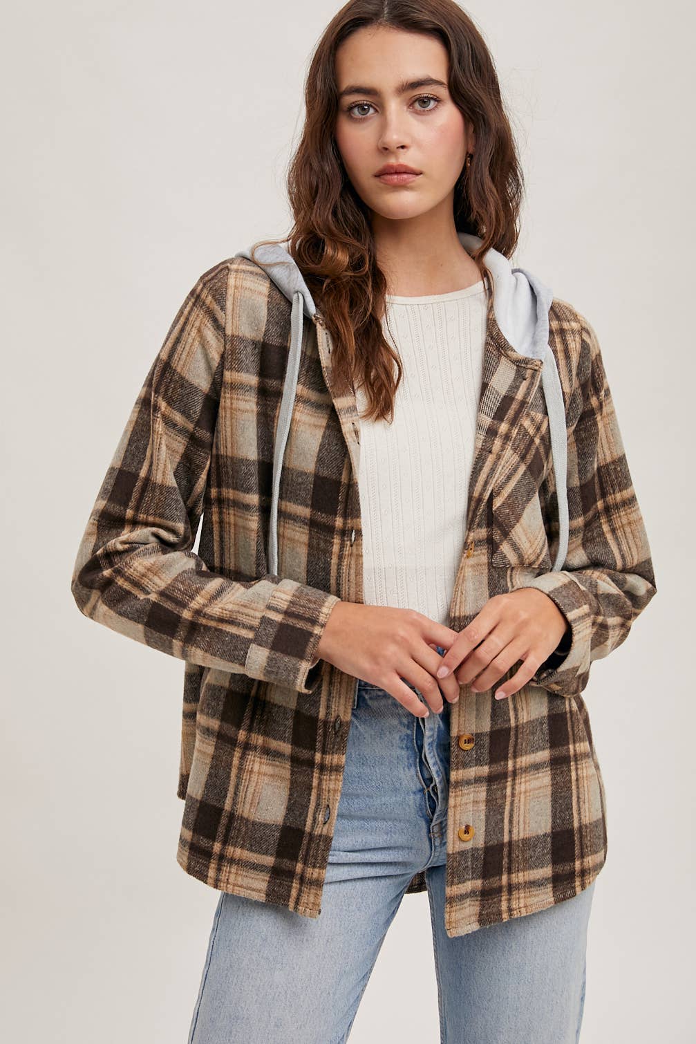 Rowan Hooded Plaid Flannel Shacket – Mocha & Taupe Button-Front Jacket