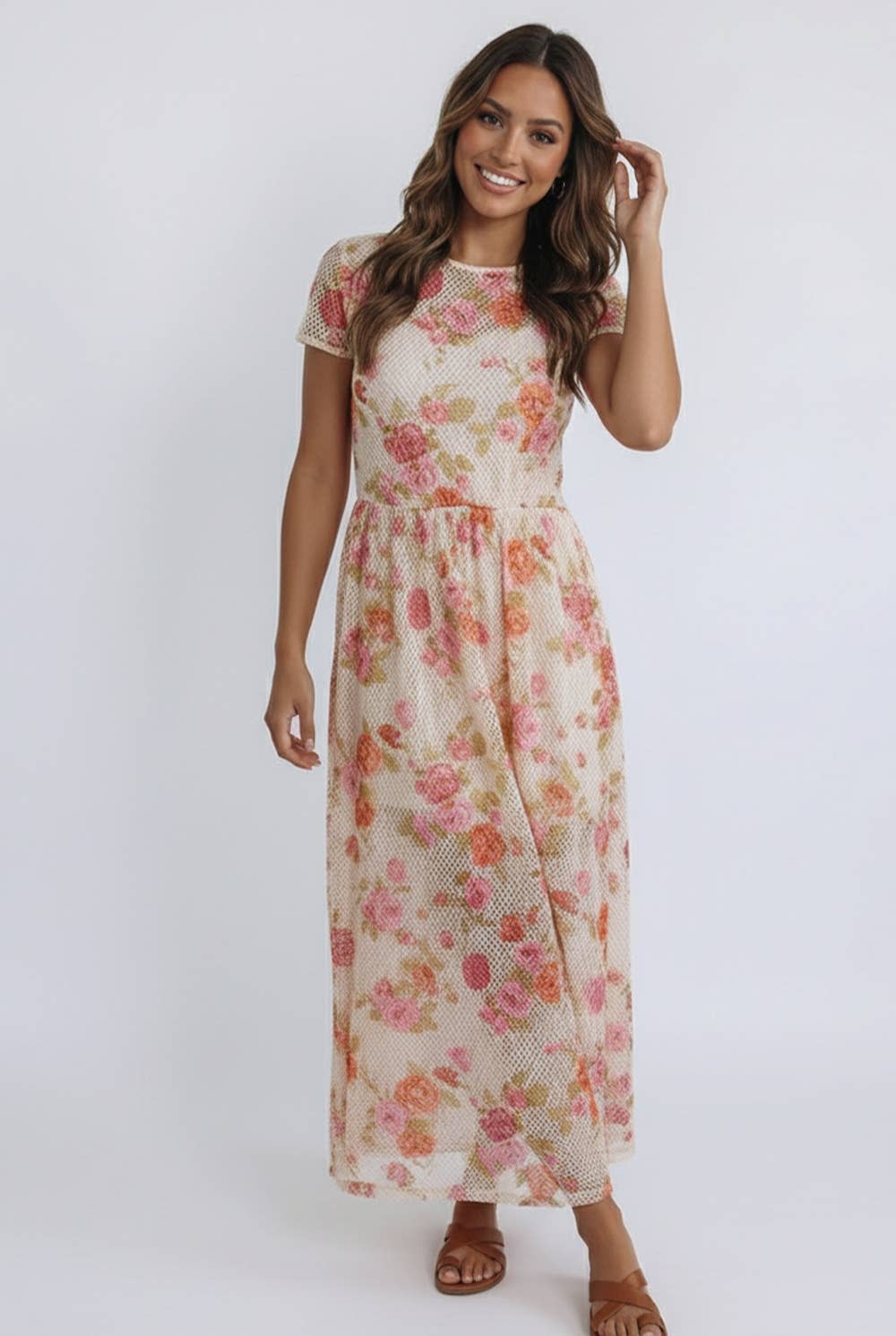 The Eliza Bloom Mesh Midi Dress: Oatmeal/Multi