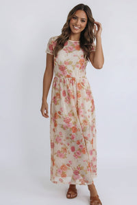 The Eliza Bloom Mesh Midi Dress: Oatmeal/Multi