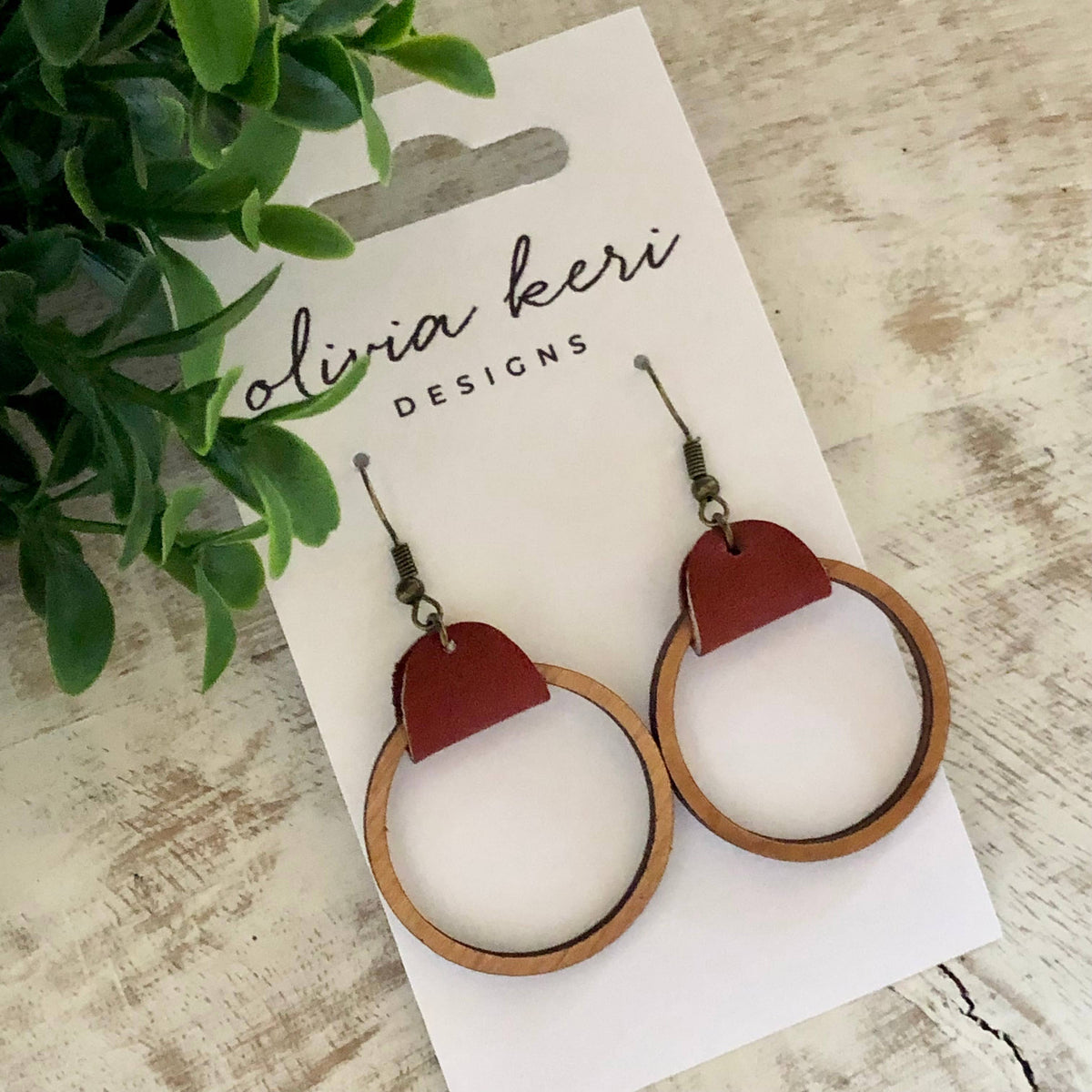 Cherry Wood & Leather Hoop Earrings – Lightweight Statement Earrings with Antique Bronze Hooks