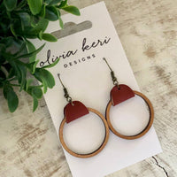 Cherry Wood & Leather Hoop Earrings – Lightweight Statement Earrings with Antique Bronze Hooks