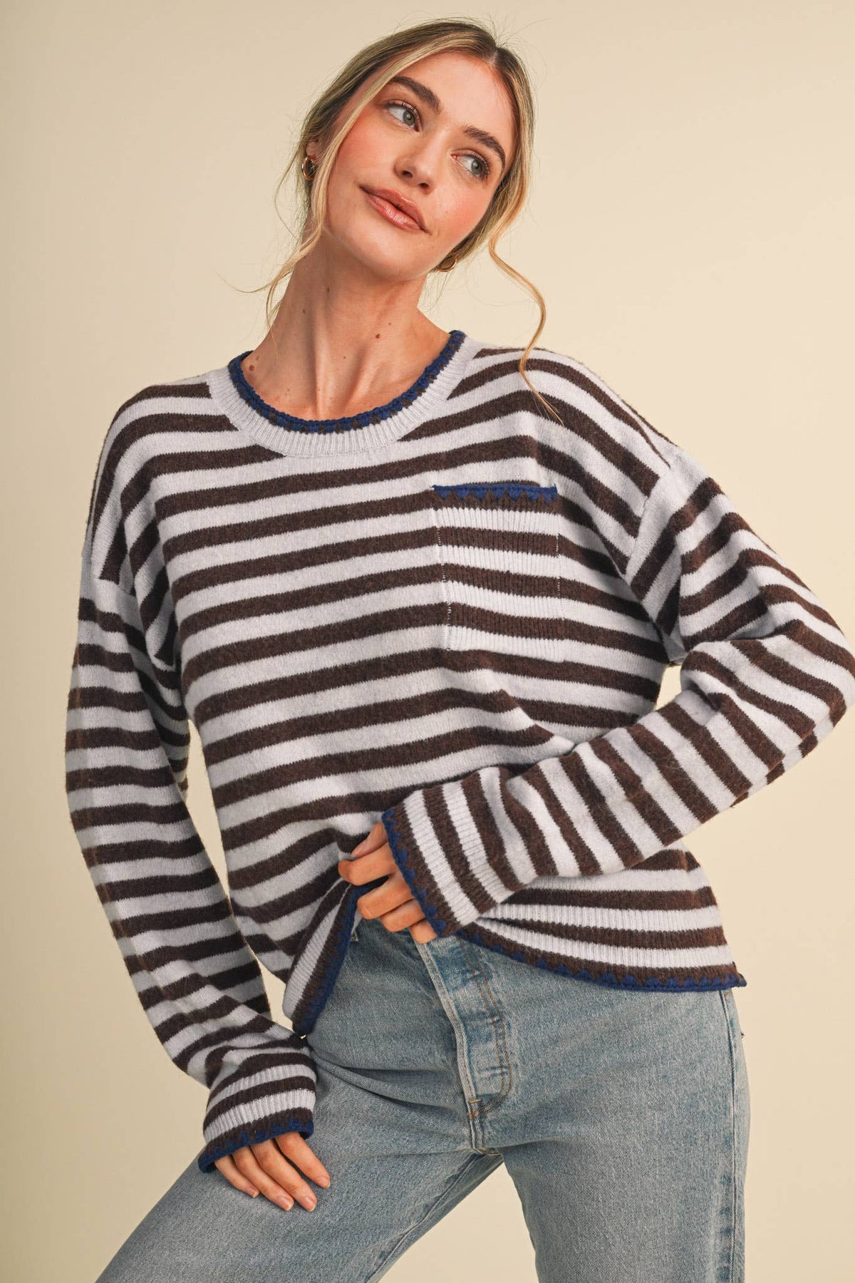 Fine Point Stripe Sweater: Blue/ Brown