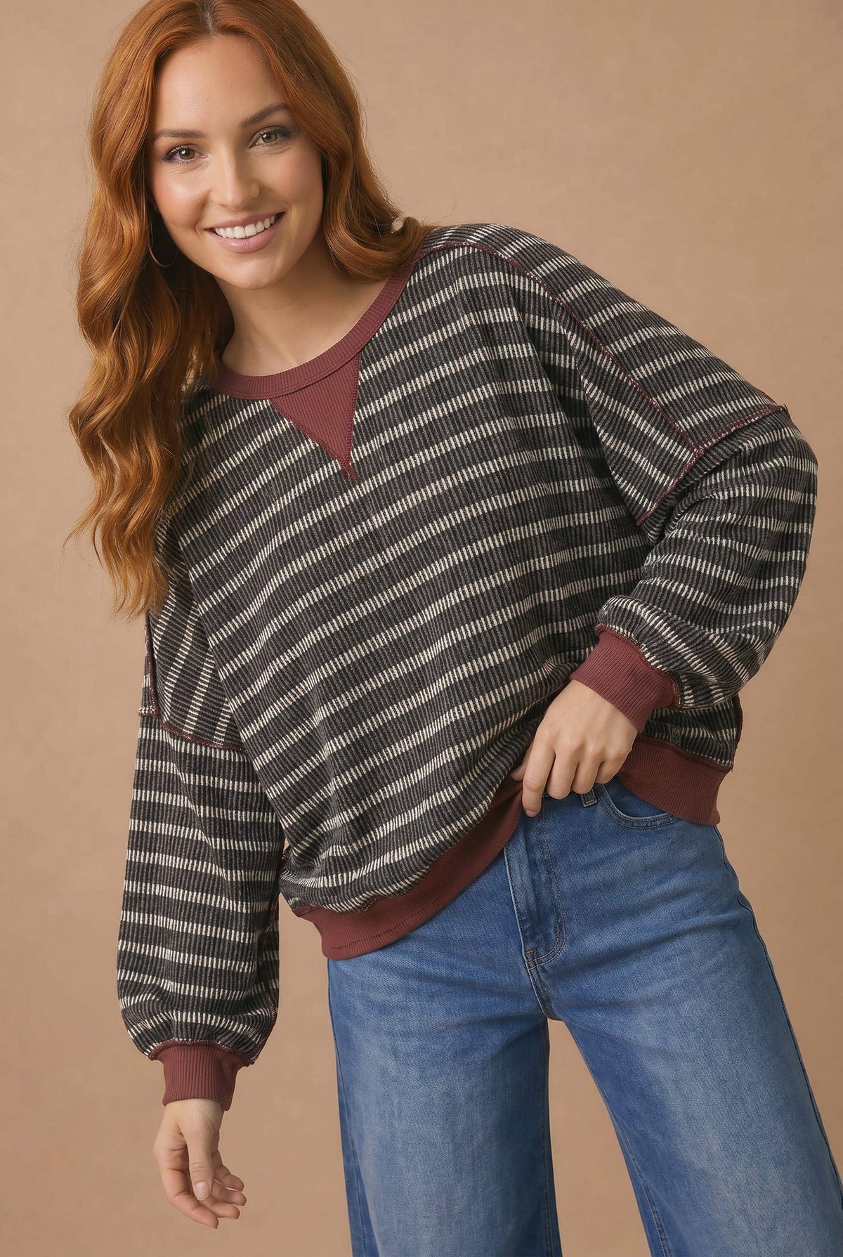 Throwback Stripe Contrast Trim Sweatshirt: Charcoal/ Maroon