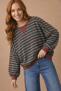 Throwback Stripe Contrast Trim Sweatshirt: Charcoal/ Maroon