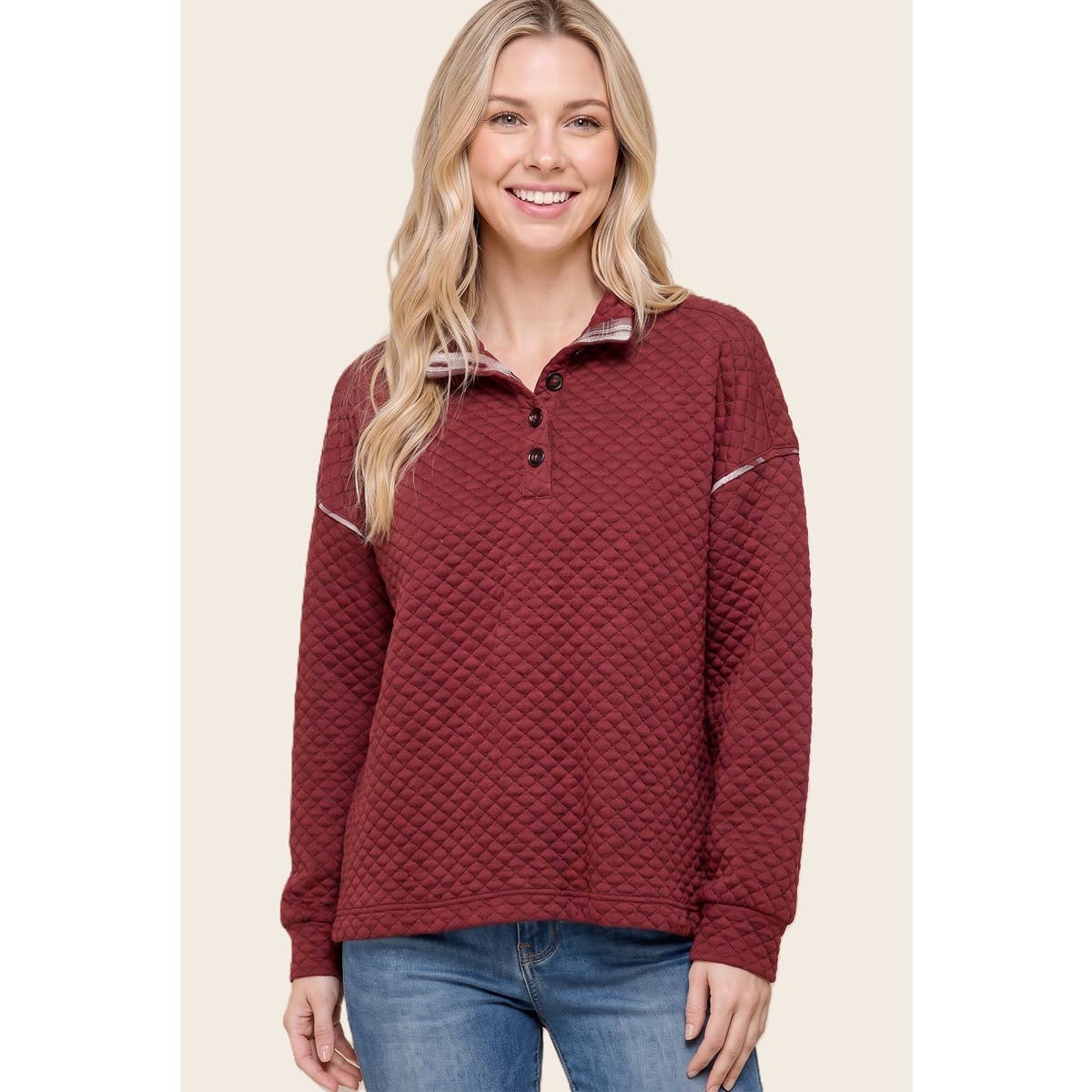 Plaid About It Quilted Pullover: Burgundy