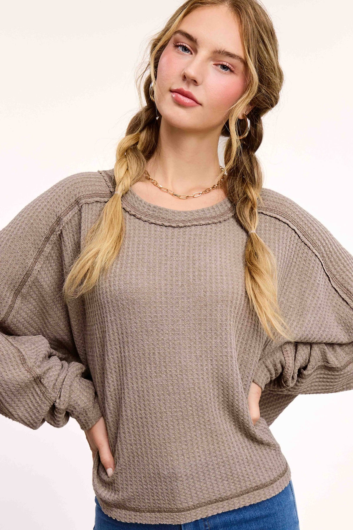 Sadie Brushed Waffle Knit Long Sleeve Top – Berry, Charcoal, Teal