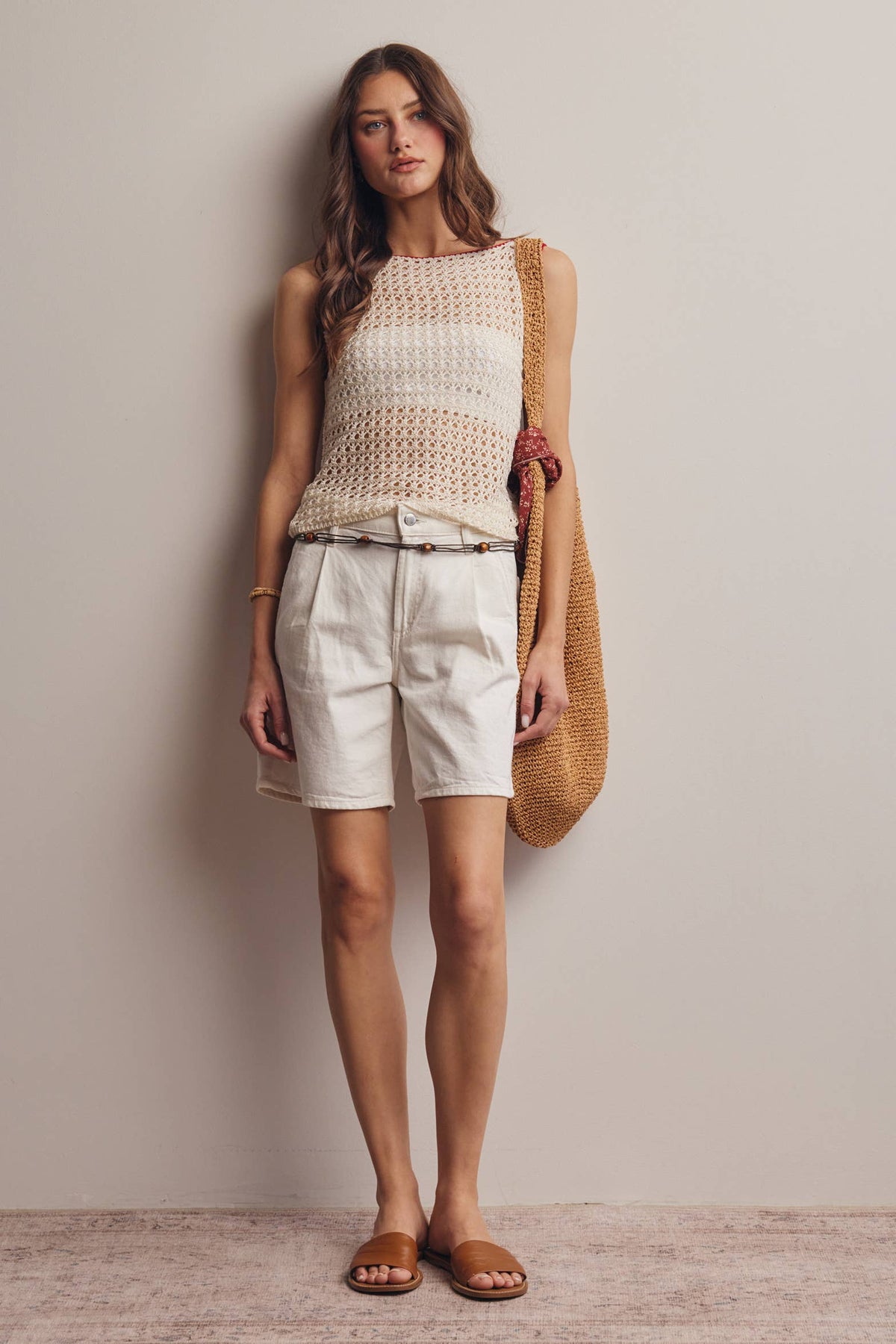 The Juniper Crochet Knit Top: Ivory Red – Sleeveless Boat Neck Lightweight Boho Tank