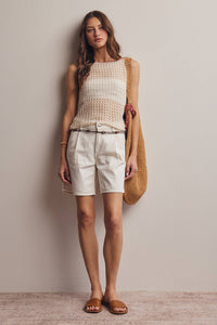 The Juniper Crochet Knit Top: Ivory Red – Sleeveless Boat Neck Lightweight Boho Tank