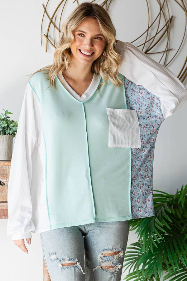 Beth Boho Floral Patch Long Sleeve Top: Mint