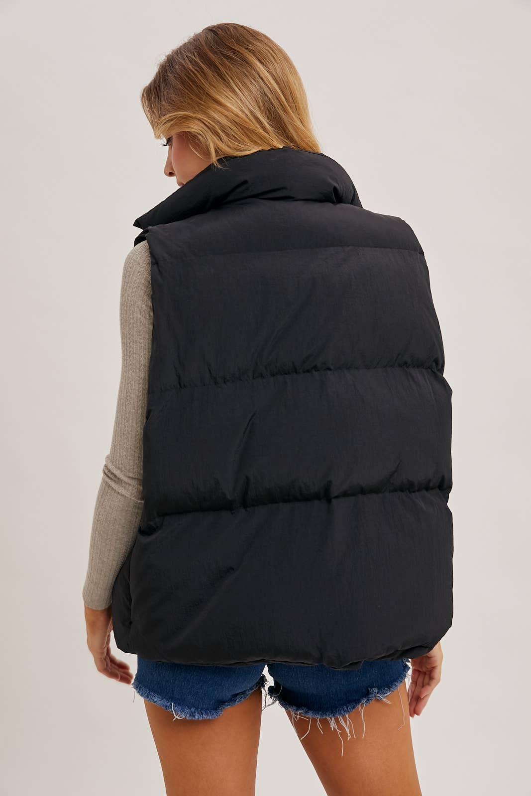 Tori Denim Layered Puffer Vest: Black