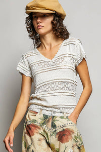 Feminine Lace V Neck Short Sleeve Top Trim Raw Edge: CREAM / S