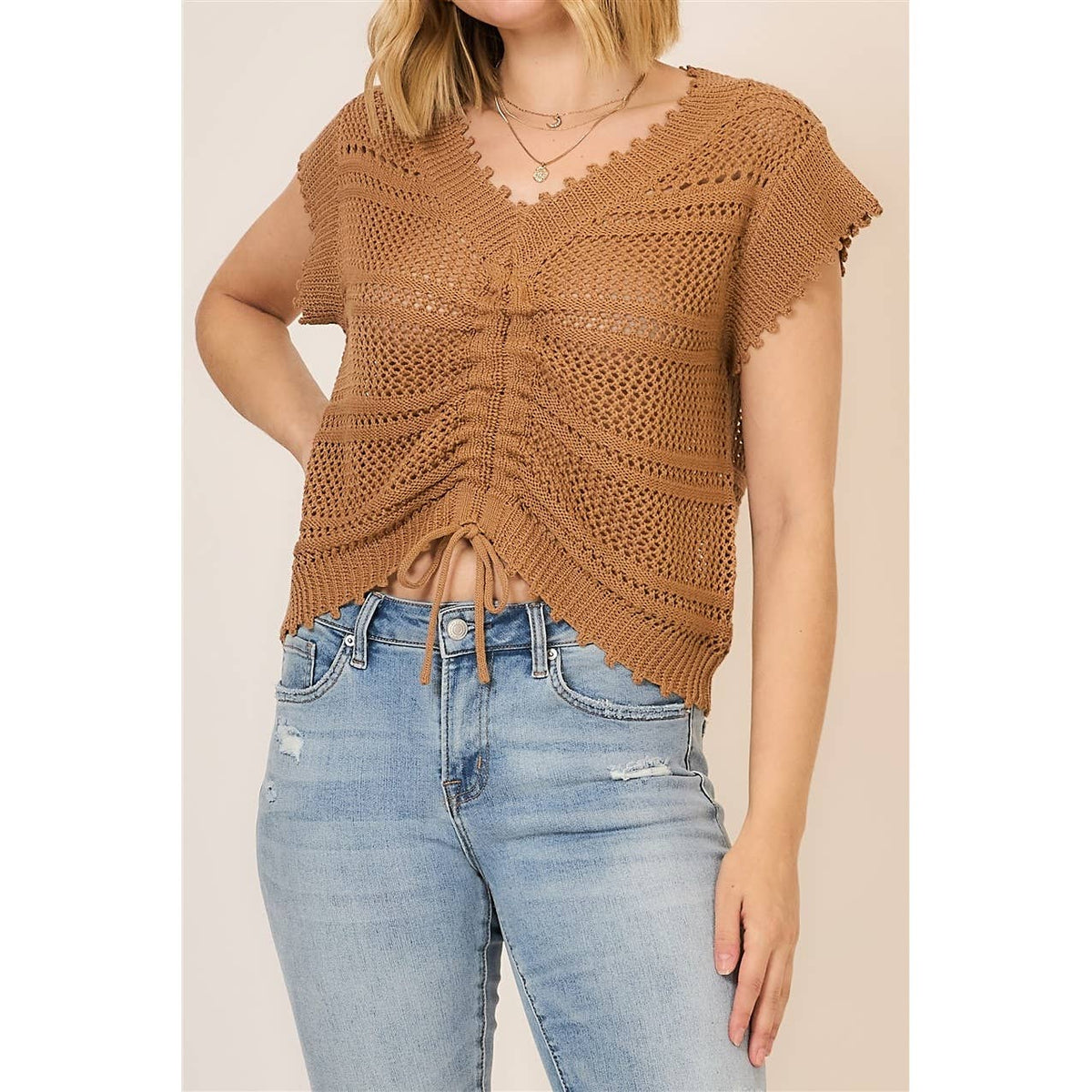 The Ava Ruched Knit Top: Camel