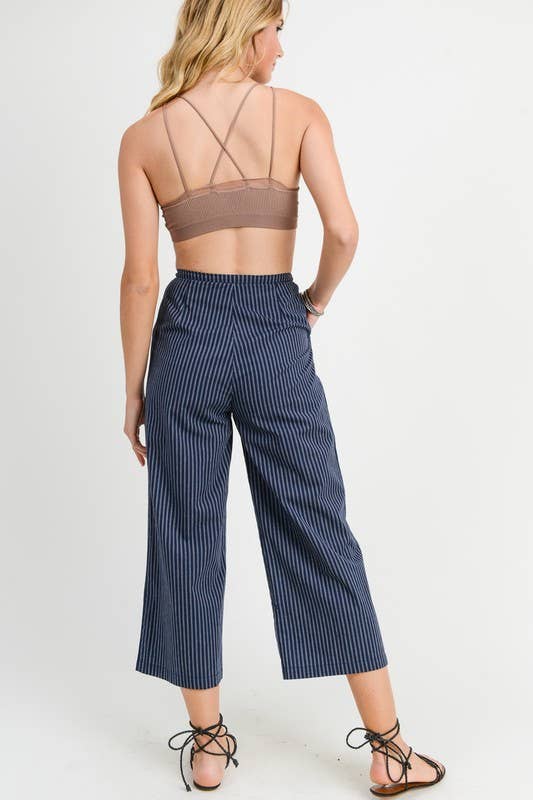 The Hallie Cropped Stripe Pant – Navy Wide Leg Drawstring Trousers