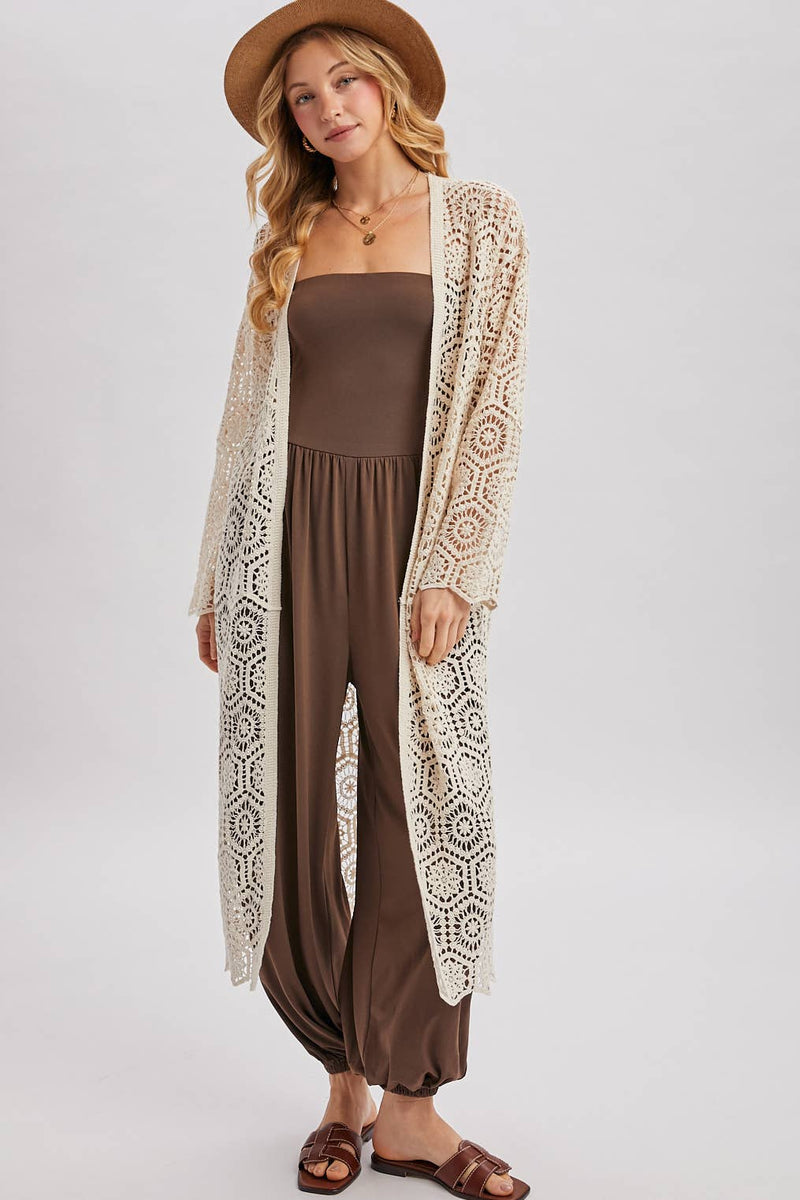 BOHO LONG LINE SIDE SLIT CROCHET CARDIGAN: NATURAL