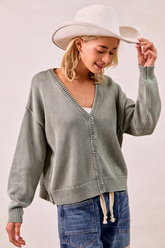 The Tatum Washed Cotton V-Neck Cardigan – Vintage Wash Olive Green Knit Button Front  Product Description: