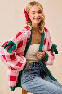 Holly Jolly Check Knit Cardigan – Pink & Red Plaid Christmas Sweater with Ribbon Detail