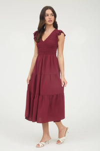 The Sutton Smocked Flutter Sleeve Midi Dress – Wine Tiered Lined Dress