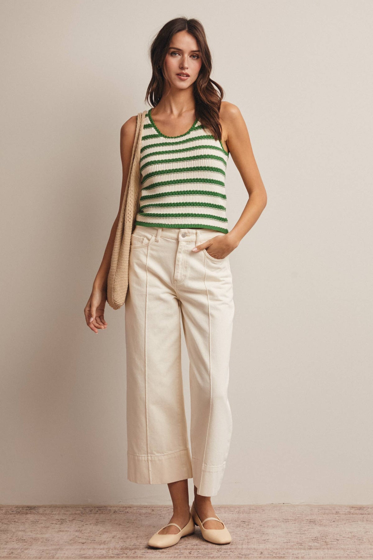 The Poppy Striped Crochet Tank: Green  – Sleeveless Textured Knit Summer Top