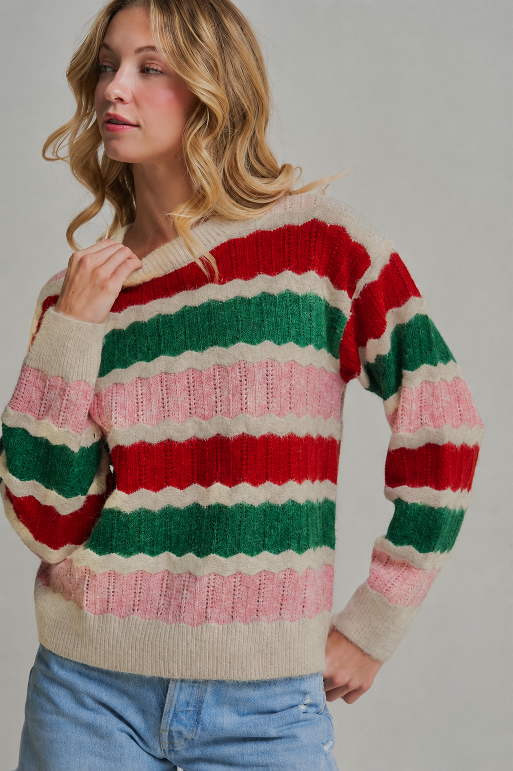 Merry & Bright Stripe Sweater: Ivory/ Multi