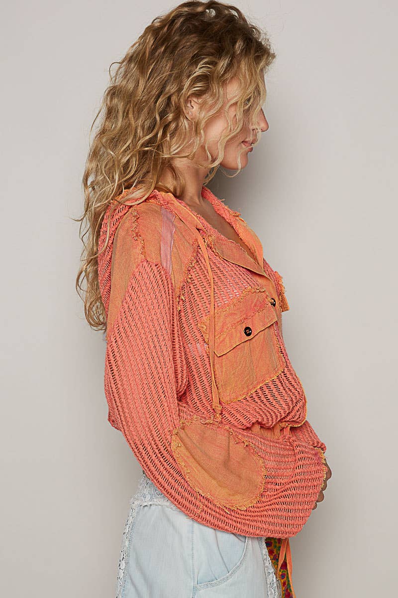Caroline Open Knit Hooded Shacket: Coral