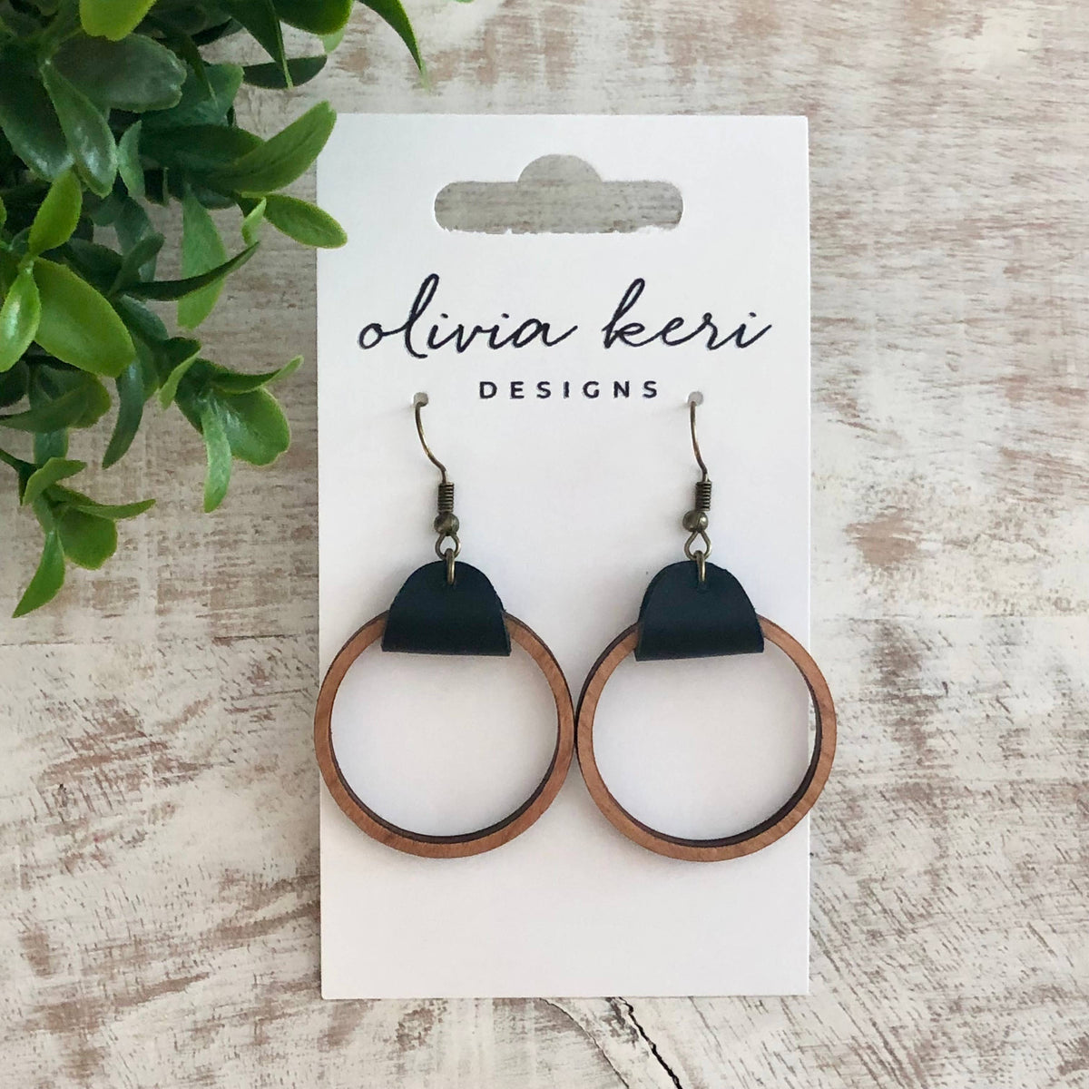 Cherry Wood & Leather Hoop Earrings – Lightweight Statement Earrings with Antique Bronze Hooks