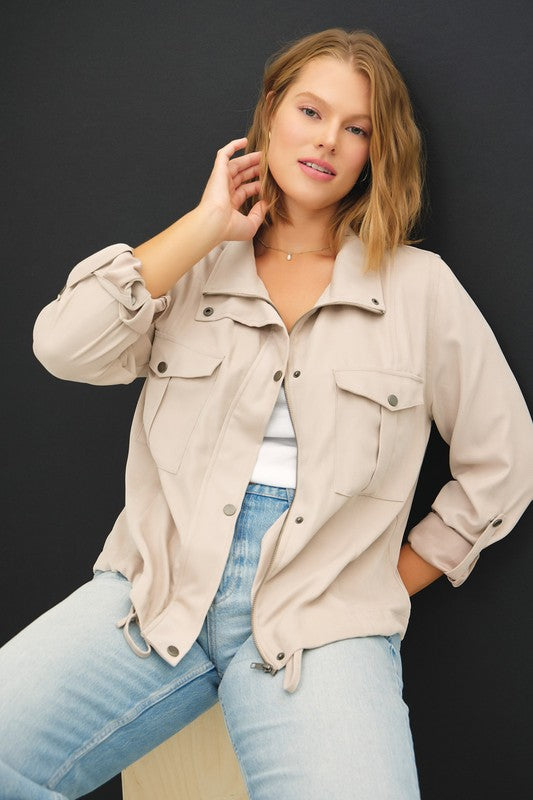 Danica Plus Size Crop Utility Jacket : Beige