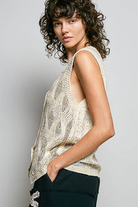 The Rowan Crochet Vest Top – V Neck Button Front Sleeveless Knit Layering Vest