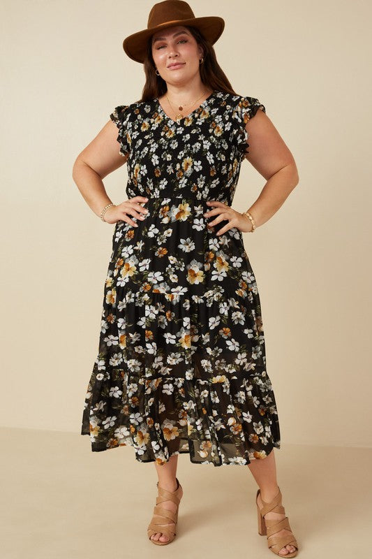 Gwen Floral Plus Size Smocked Bodice Dress