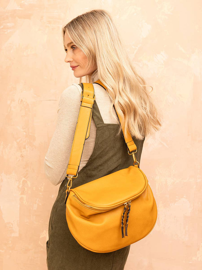 Jen & Co. Megan Distressed Sling Bag: Brown  – Vegan Leather Crossbody with Guitar Strap