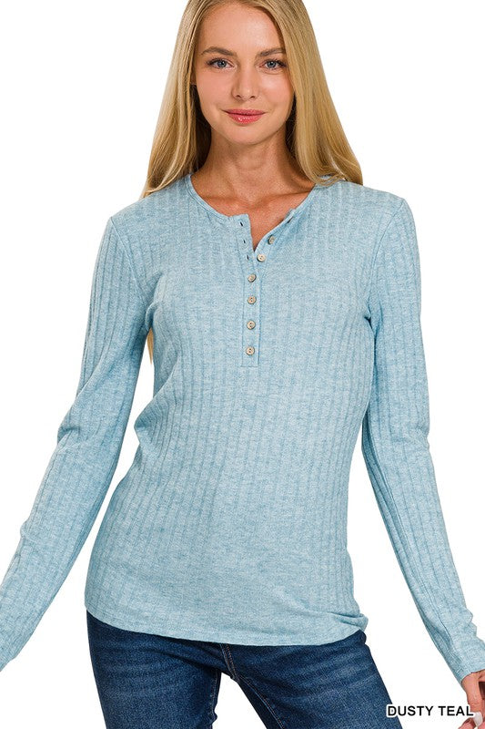 Jane Basic Ribbed Henley Long Sleeve Top