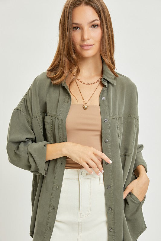 Risen Oversized Tencel Shirt: Olive