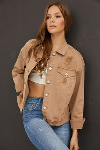 Risen Distressed Denim Jacket: Mocha