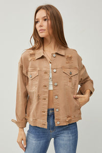 Risen Distressed Denim Jacket: Mocha