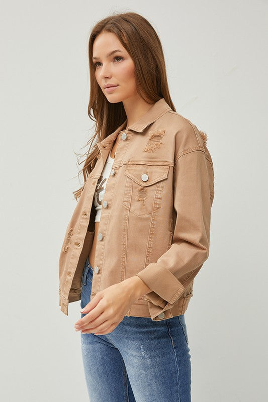 Risen Distressed Denim Jacket: Mocha