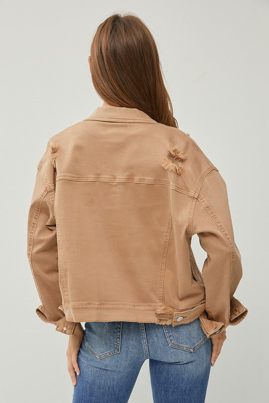 Risen Distressed Denim Jacket: Mocha