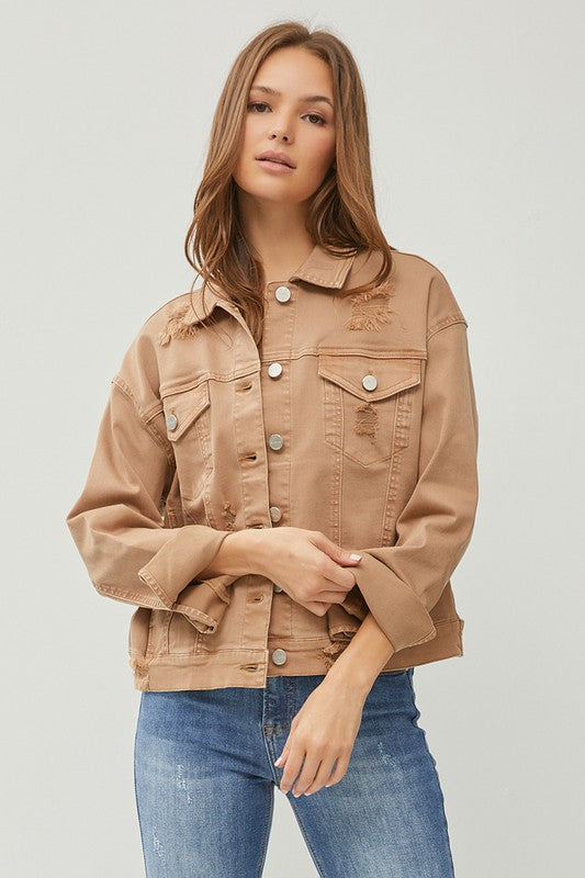 Risen Distressed Denim Jacket: Mocha