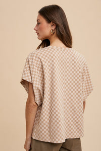 Caitlyn Checkered Print Short Sleeve Top: Almond