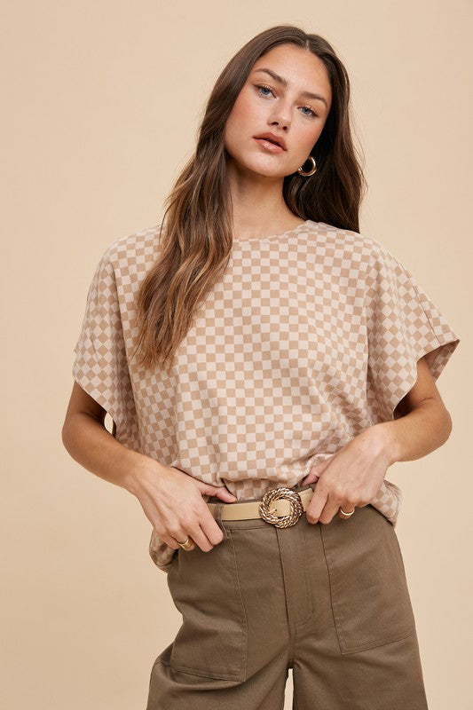 Caitlyn Checkered Print Short Sleeve Top: Almond