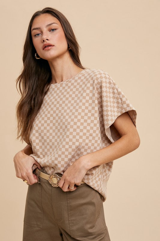 Caitlyn Checkered Print Short Sleeve Top: Almond