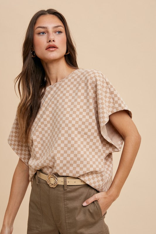 Caitlyn Checkered Print Short Sleeve Top: Almond