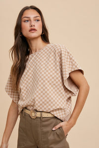 Caitlyn Checkered Print Short Sleeve Top: Almond