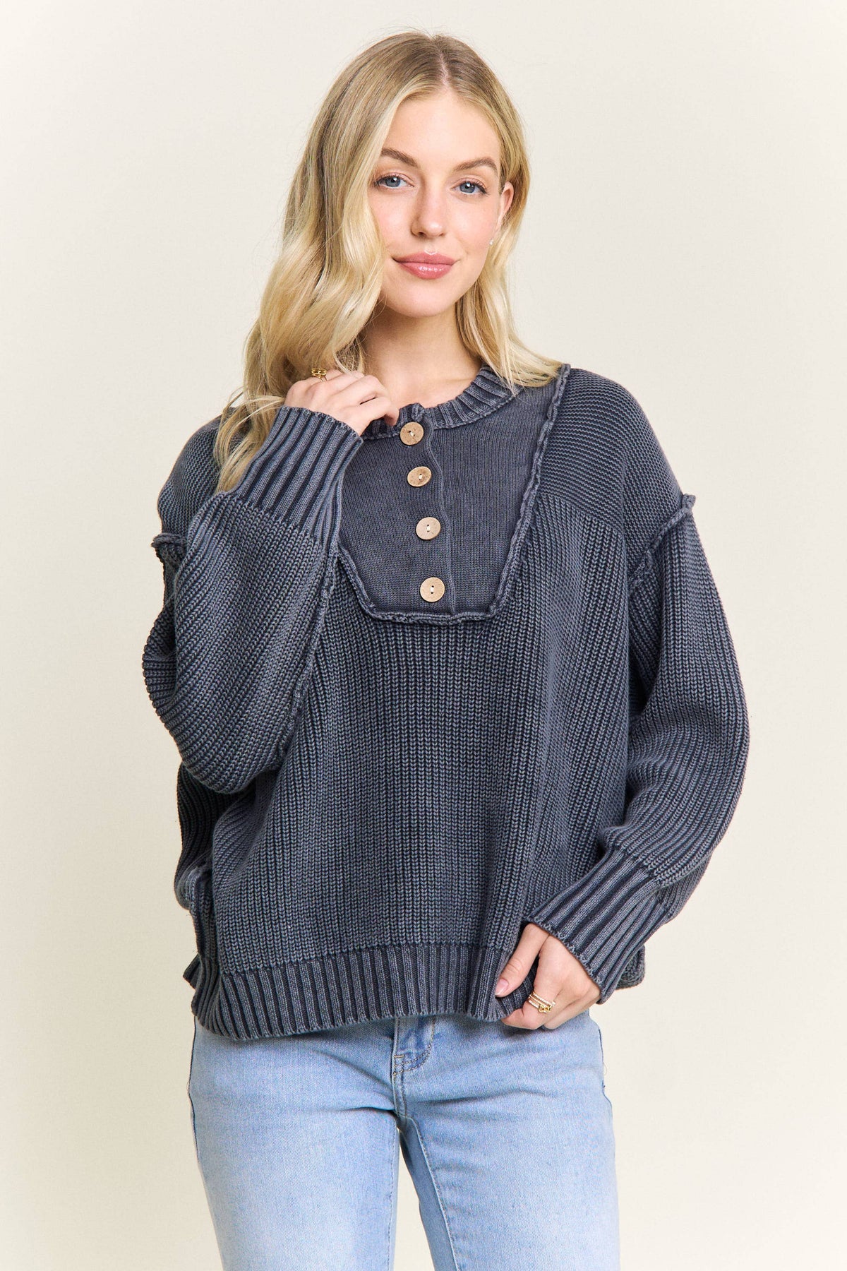 Worth a Look Cotton Henley Sweater: Navy