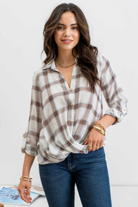 Hattie Casual Plaid Blouse: Ivory/Multi