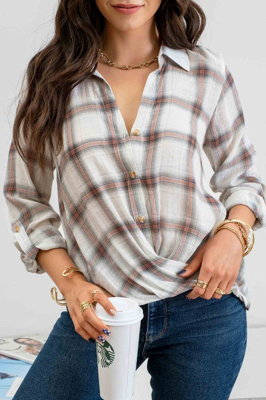 Hattie Casual Plaid Blouse: Ivory/Multi