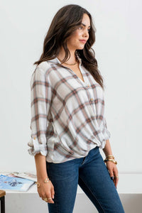 Hattie Casual Plaid Blouse: Ivory/Multi